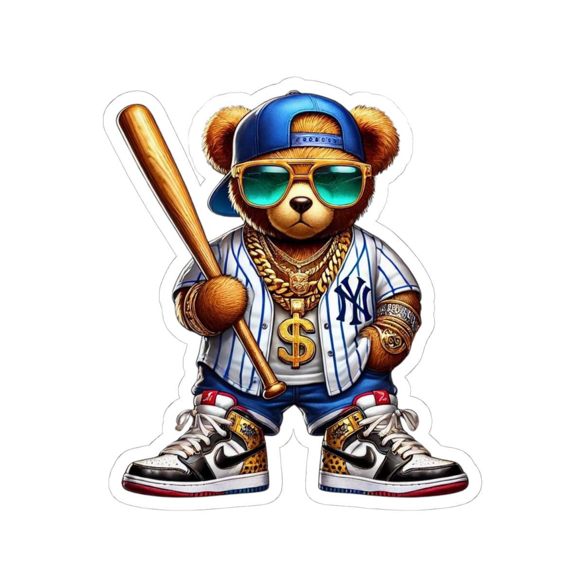 Hip Hop Teddy Bear Sticker: Urban Baseball Art Decal