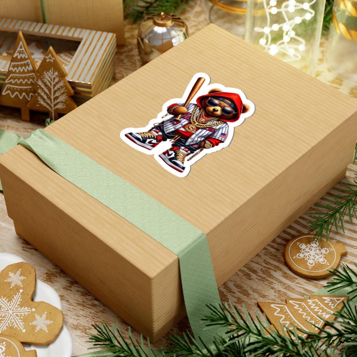 Red Hoodie Baseball Bear Sticker: Urban Hip Hop Teddy Art