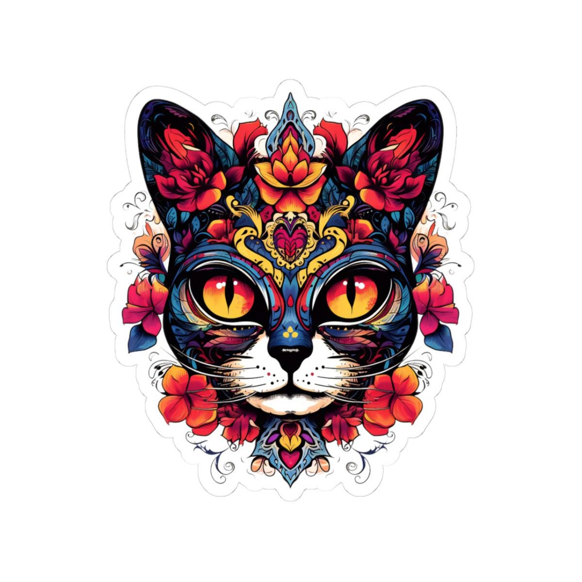 Floral Sugar Skull Cat Sticker: Día de los Muertos Calavera Vinyl Decal