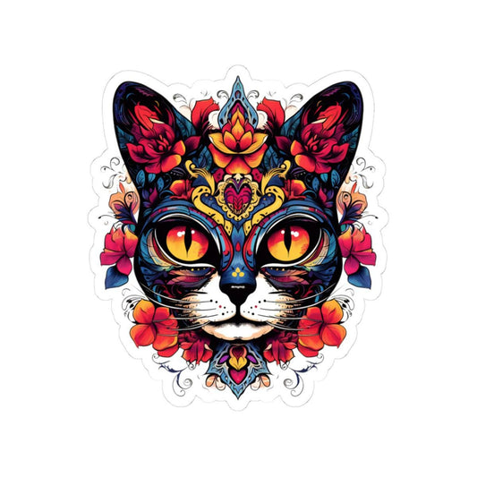 Floral Sugar Skull Cat Sticker: Día de los Muertos Calavera Vinyl Decal
