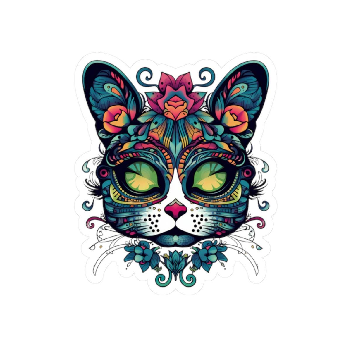 Botanical Cat Sticker: Psychedelic Mandala, Lotus Crown - Waterproof Vinyl Decal