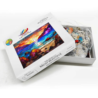 Stained Glass Sunset Puzzle:  Wooden Jigsaw Puzzle