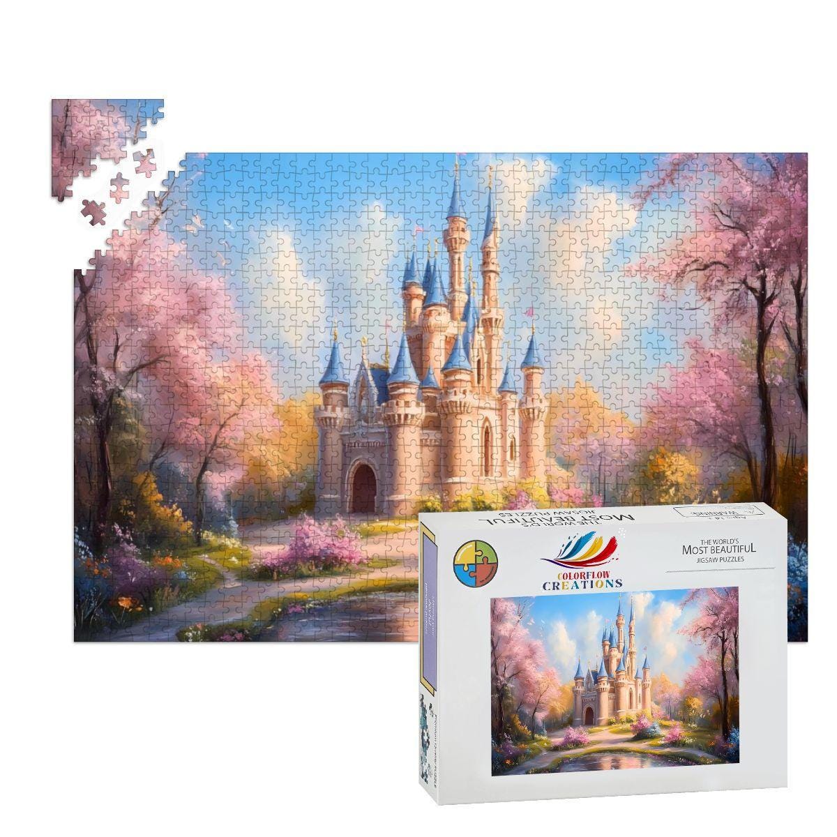Enchanted Castle Jigsaw Puzzle: Dreamy Fantasy Scene, Spring Garden Blossoms