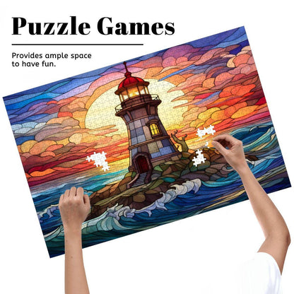 Lighthouse Stained Glass Puzzle: Sunset Ocean Coastal Art,  Wooden Jigsaw