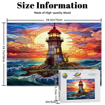 Lighthouse Stained Glass Puzzle: Sunset Ocean Coastal Art,  Wooden Jigsaw