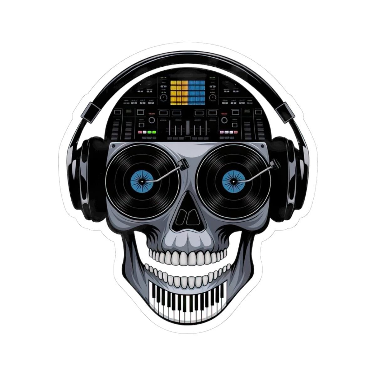DJ Skull Vinyl Sticker: EDM Mixer, Piano Teeth, Turntable Art