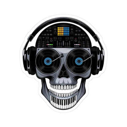 DJ Skull Vinyl Sticker: EDM Mixer, Piano Teeth, Turntable Art