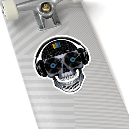 DJ Skull Vinyl Sticker: EDM Mixer, Piano Teeth, Turntable Art