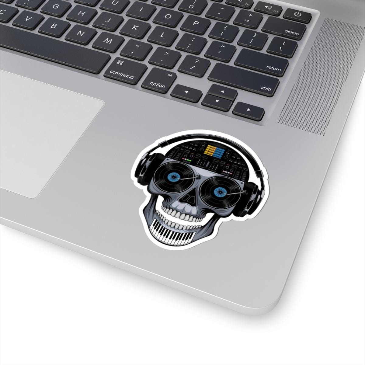 DJ Skull Vinyl Sticker: EDM Mixer, Piano Teeth, Turntable Art