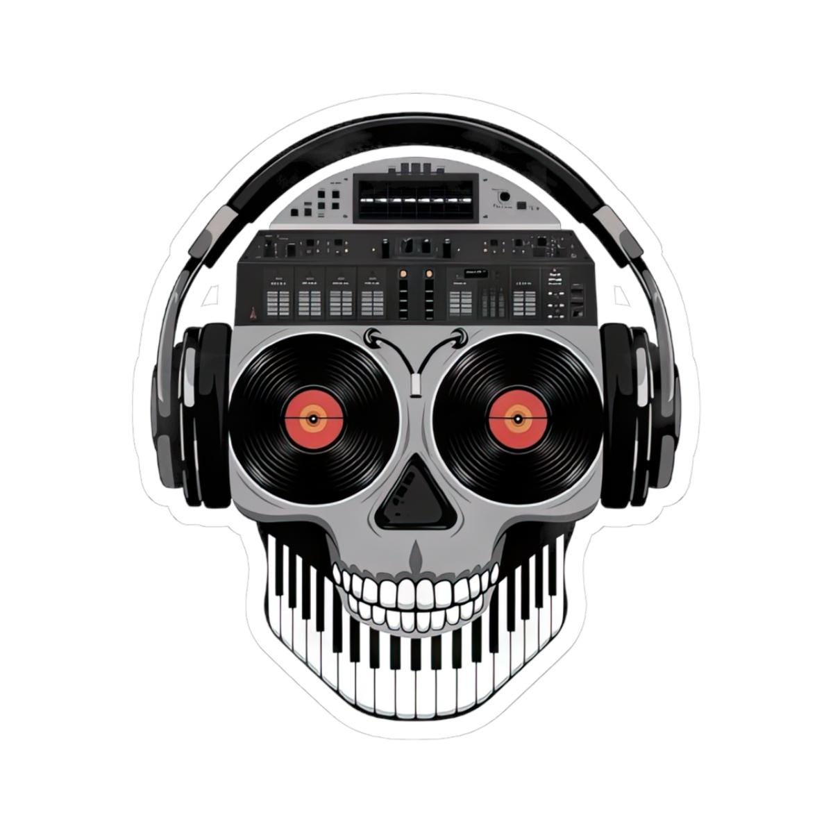 DJ Skull Sticker: Red Vinyl Eyes, Mixer, Headphones - Waterproof EDM Decal