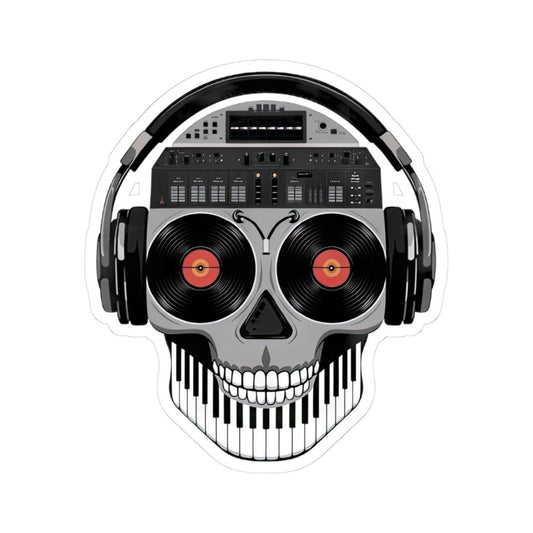 DJ Skull Sticker: Red Vinyl Eyes, Mixer, Headphones - Waterproof EDM Decal