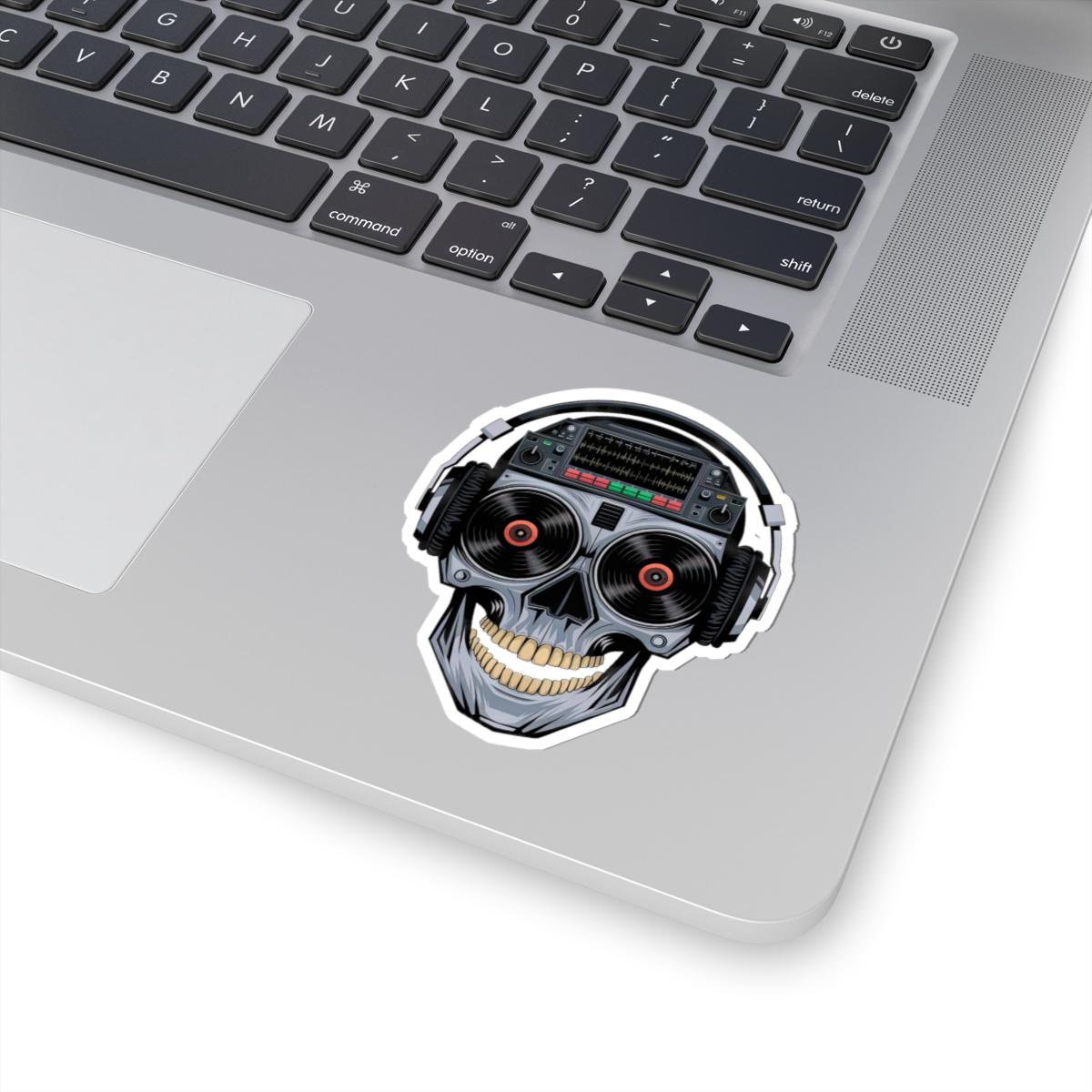 DJ Skull Sticker: Red Vinyl Eyes, Headphones, Mixer - Waterproof EDM Decal