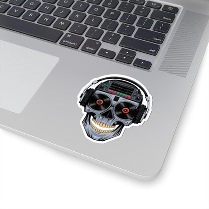 DJ Skull Sticker: Red Vinyl Eyes, Headphones, Mixer - Waterproof EDM Decal