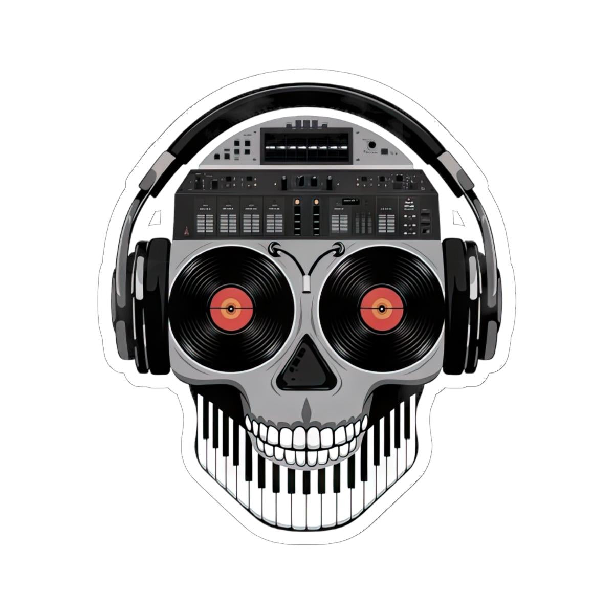 DJ Skull Sticker: Red Vinyl Eyes, Mixer, Headphones - Waterproof EDM Decal
