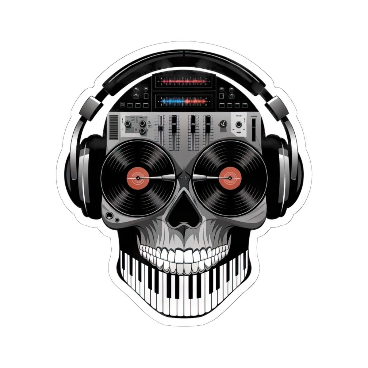 DJ Skull Sticker: Turntable Eyes, Mixer Brain - Waterproof Vinyl Decal