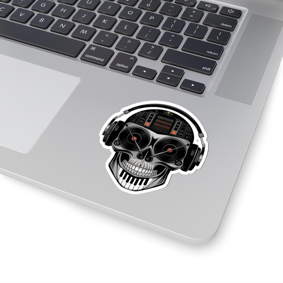 DJ Skull Sticker: Red Vinyl Eyes, Mixer, Piano - EDM Music Decal