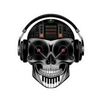 DJ Skull Sticker: Red Vinyl Eyes, Mixer, Piano - EDM Music Decal