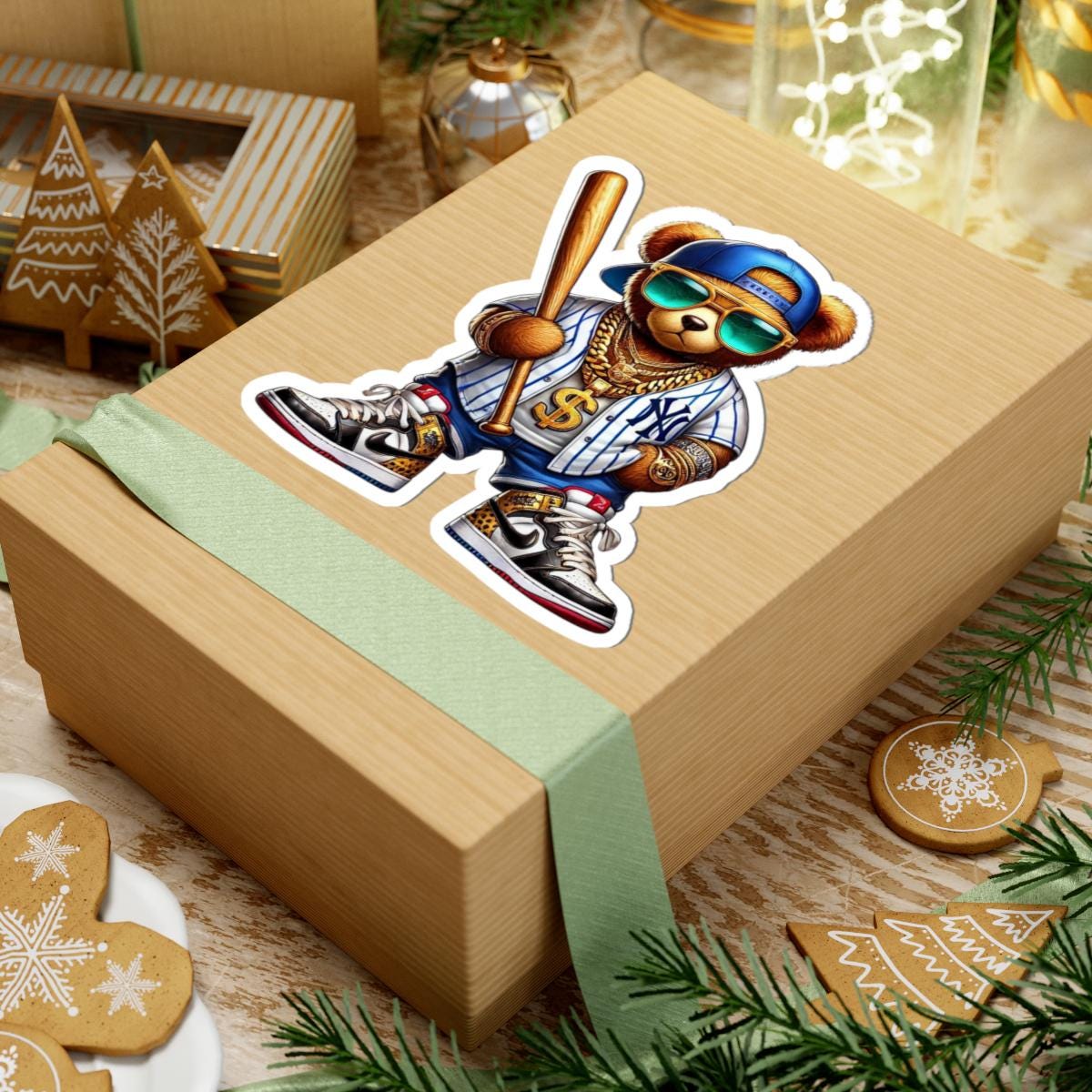 Hip Hop Teddy Bear Sticker: Urban Baseball Art Decal