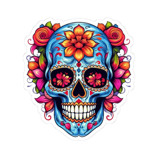 Blue Sugar Skull Vinyl Sticker: Floral Dia de los Muertos Decal