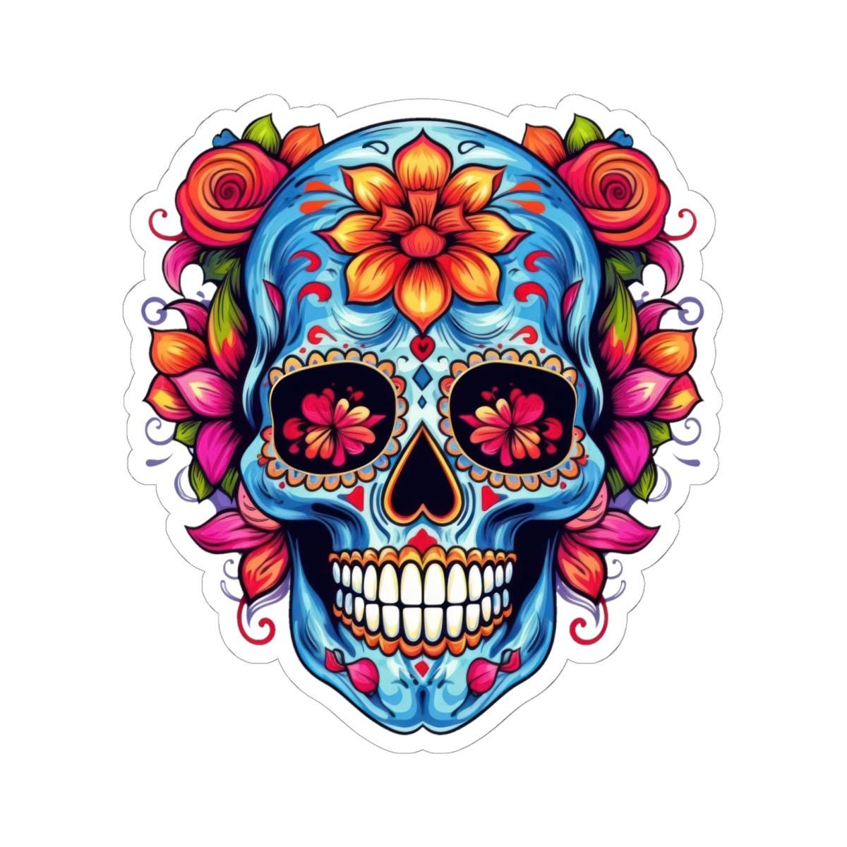 Blue Sugar Skull Vinyl Sticker: Floral Dia de los Muertos Decal