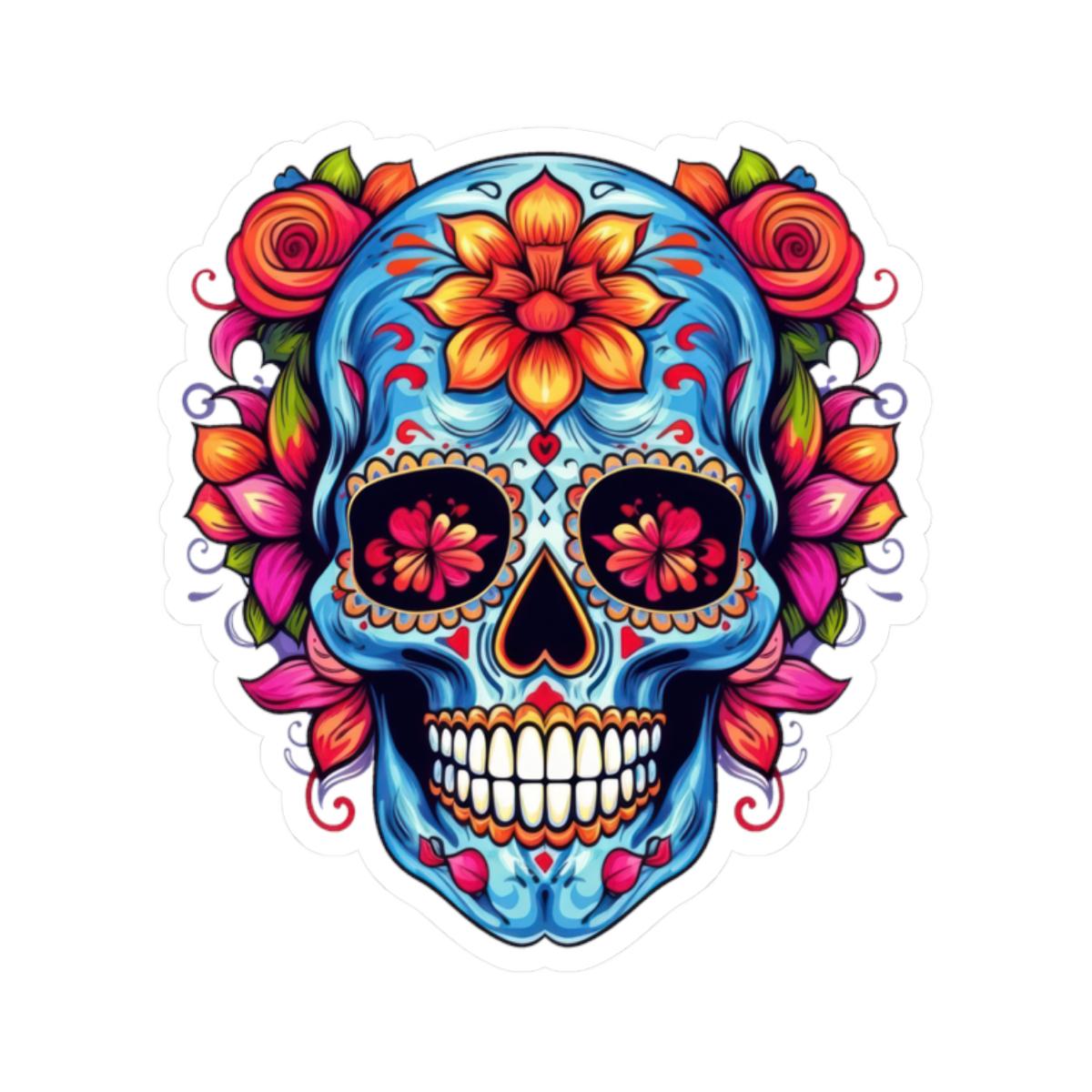 Blue Sugar Skull Vinyl Sticker: Floral Dia de los Muertos Decal
