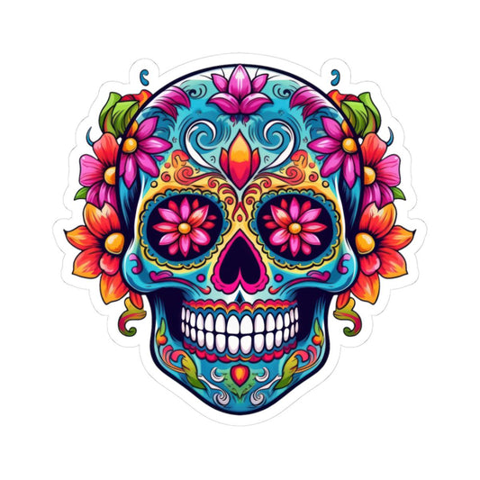 Teal Sugar Skull Sticker: Floral Calavera, Waterproof Vinyl Decal