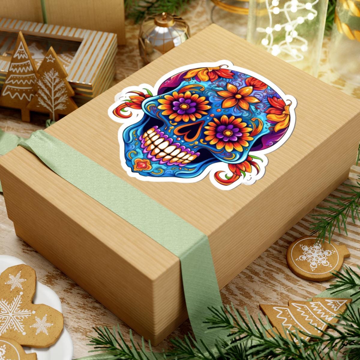 Floral Sugar Skull Sticker: Vibrant Dia de los Muertos Vinyl Decal
