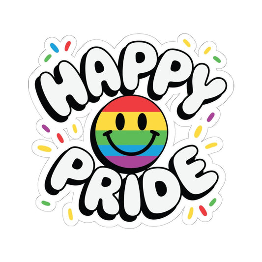 Happy Pride Smiley Sticker: Rainbow LGBTQ Vinyl Confetti Decor