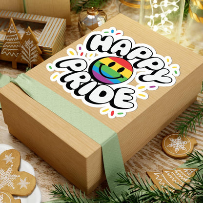 Happy Pride Smiley Sticker: Rainbow LGBTQ Vinyl Confetti Decor