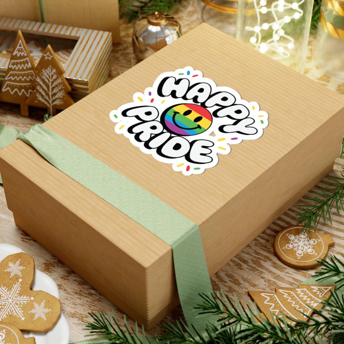 Happy Pride Smiley Sticker: Rainbow LGBTQ Vinyl Confetti Decor