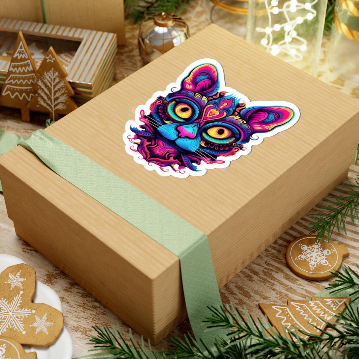 Psychedelic Cat Sticker: Neon Mandala Art, Rainbow Vinyl Decal