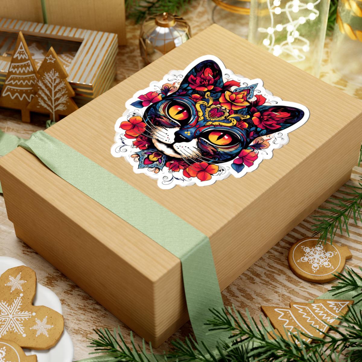 Floral Sugar Skull Cat Sticker: Día de los Muertos Calavera Vinyl Decal