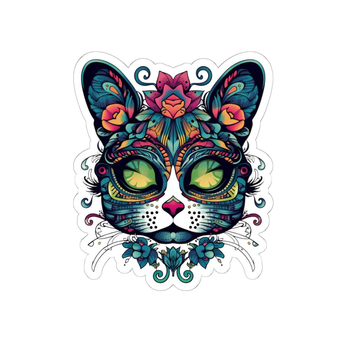 Botanical Cat Sticker: Psychedelic Mandala, Lotus Crown - Waterproof Vinyl Decal