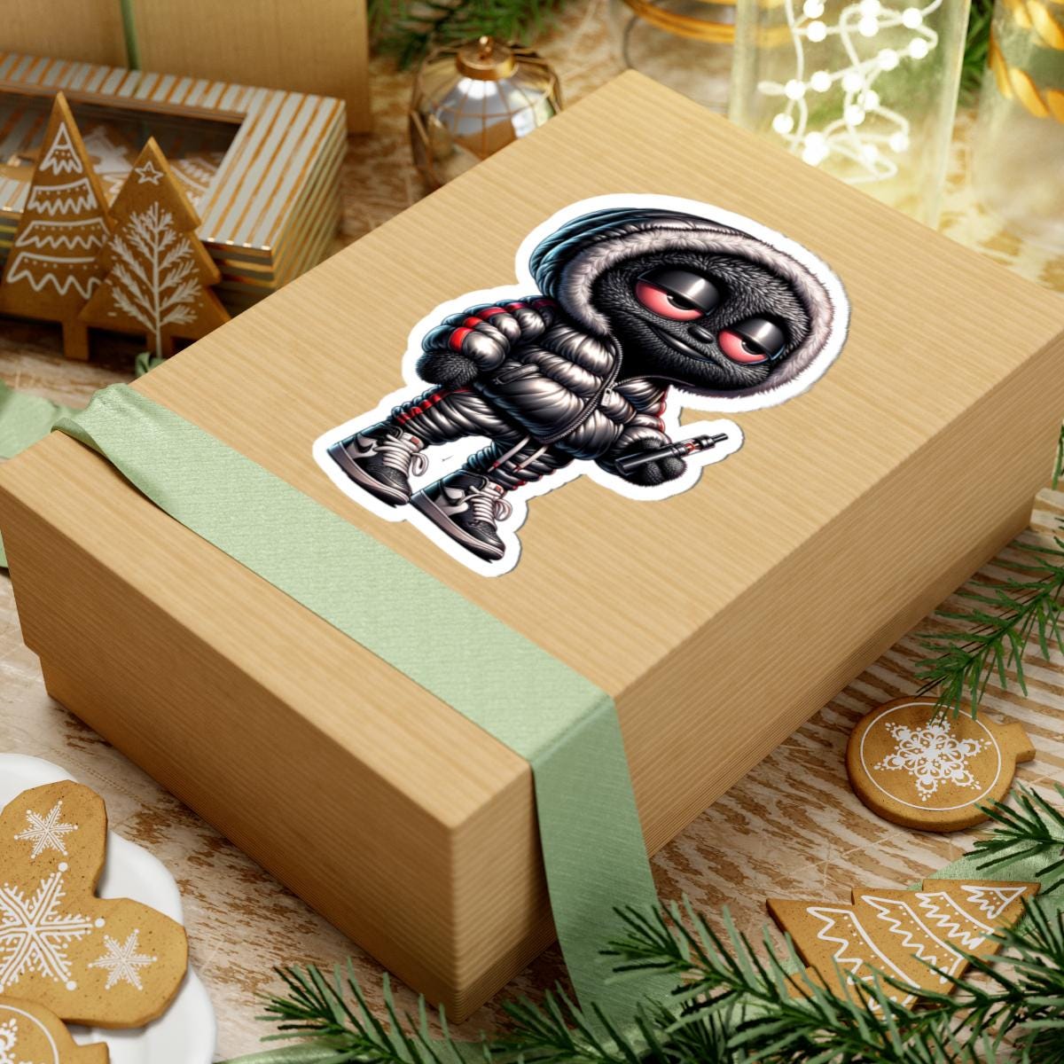 Streetwear Monster Sticker: Black Furry Puffer Jacket - Waterproof Vinyl Decal