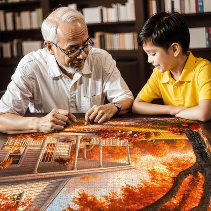 Autumn Farmhouse Puzzle: Wooden Jigsaw Puzzle