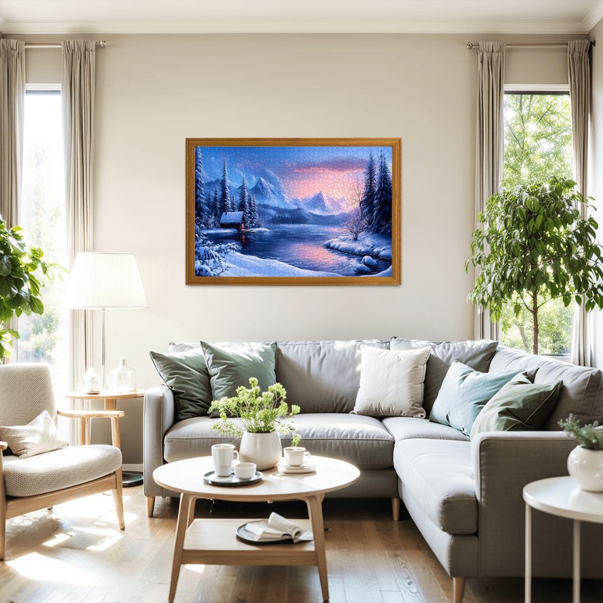 Winter Cabin Wooden Jigsaw Puzzle: Cozy Mountain Lake Sunset Scene