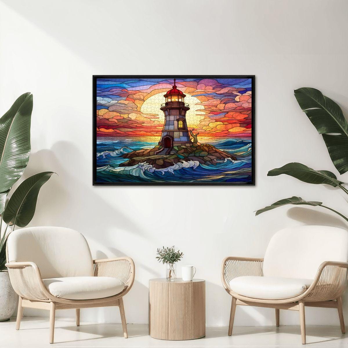 Lighthouse Stained Glass Puzzle: Sunset Ocean Coastal Art,  Wooden Jigsaw