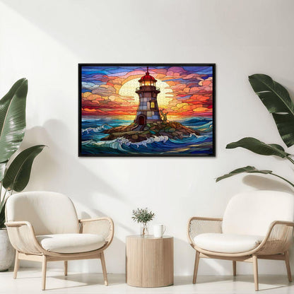 Lighthouse Stained Glass Puzzle: Sunset Ocean Coastal Art,  Wooden Jigsaw