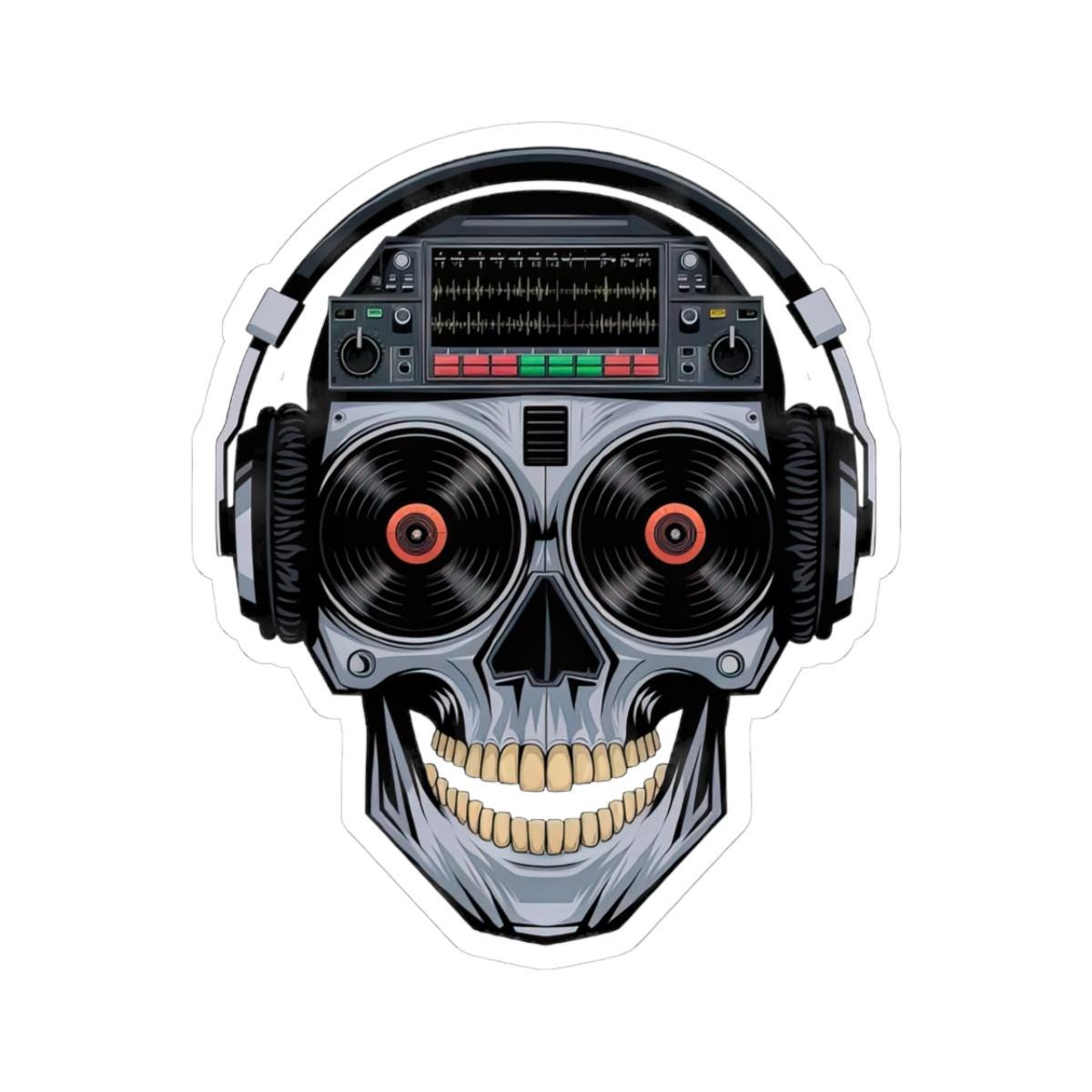 DJ Skull Sticker: Red Vinyl Eyes, Headphones, Mixer - Waterproof EDM Decal