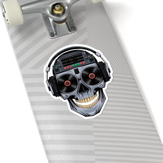 DJ Skull Sticker: Red Vinyl Eyes, Headphones, Mixer - Waterproof EDM Decal
