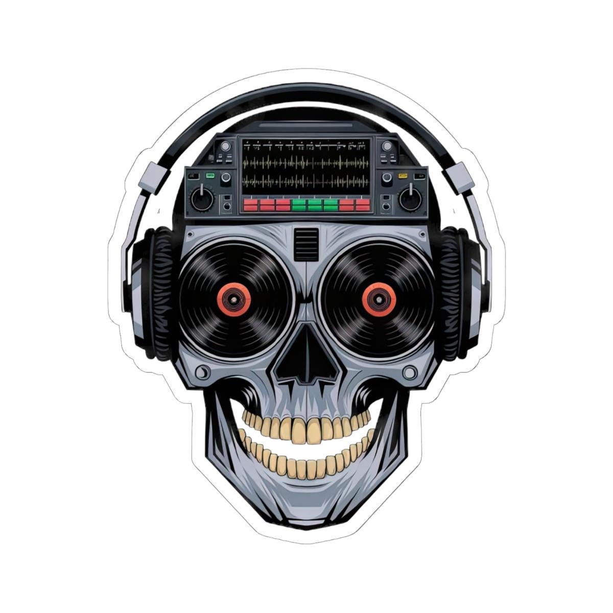 DJ Skull Sticker: Red Vinyl Eyes, Headphones, Mixer - Waterproof EDM Decal