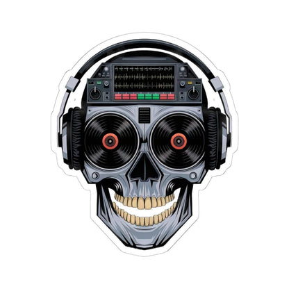 DJ Skull Sticker: Red Vinyl Eyes, Headphones, Mixer - Waterproof EDM Decal