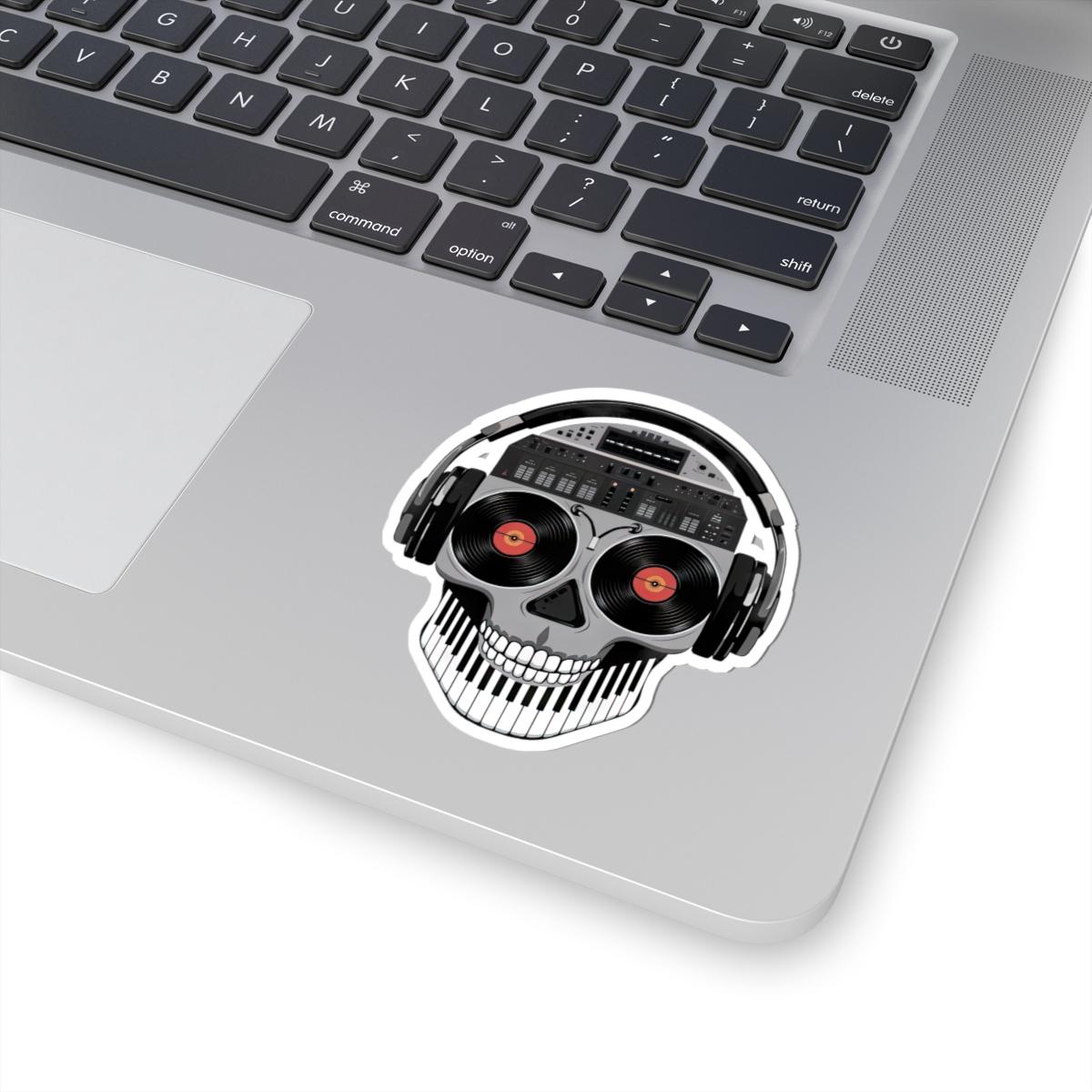 DJ Skull Sticker: Red Vinyl Eyes, Mixer, Headphones - Waterproof EDM Decal