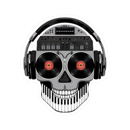 DJ Skull Sticker: Red Vinyl Eyes, Mixer, Headphones - Waterproof EDM Decal