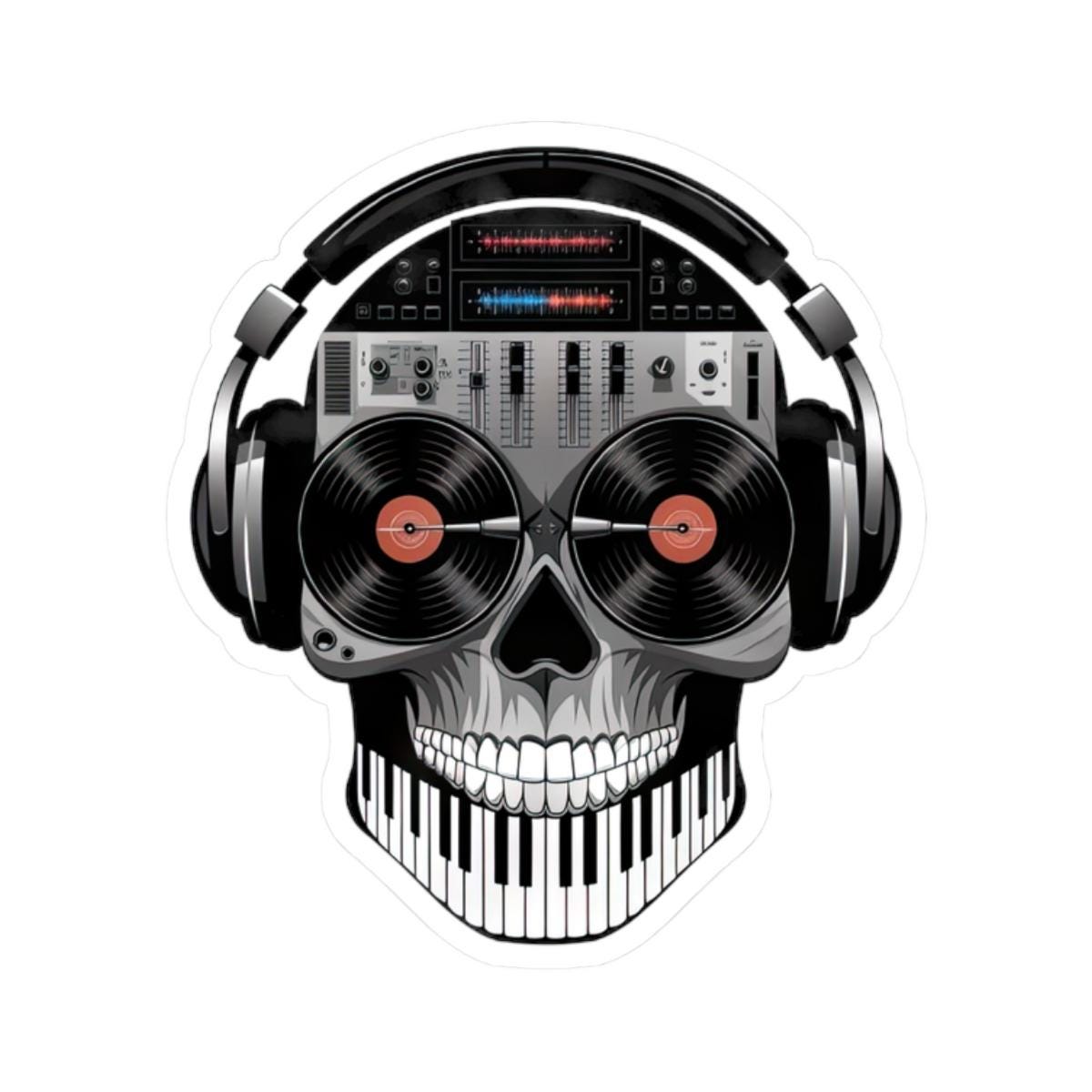DJ Skull Sticker: Turntable Eyes, Mixer Brain - Waterproof Vinyl Decal