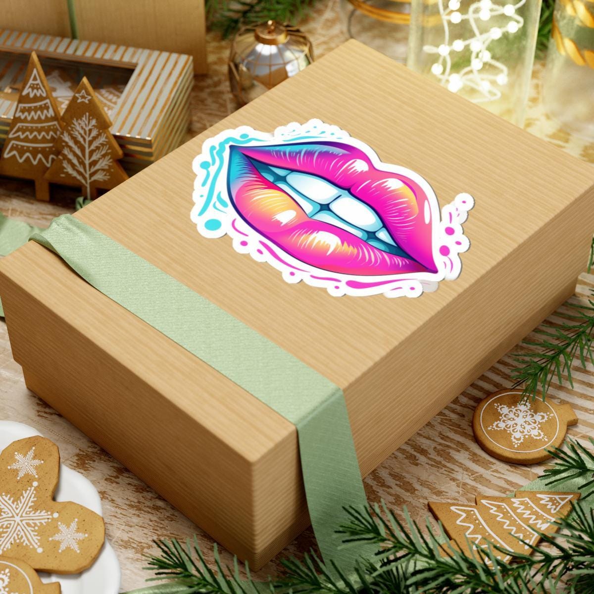 Biting Lips Sticker: Neon Rainbow Mouth, Pop Art Vinyl Decal