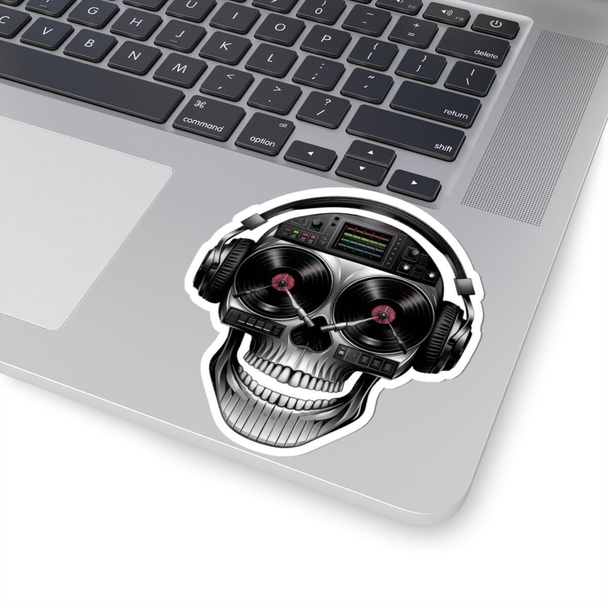 DJ Skull Sticker: Turntable Eyes, Mixer Forehead - Waterproof Vinyl Decal