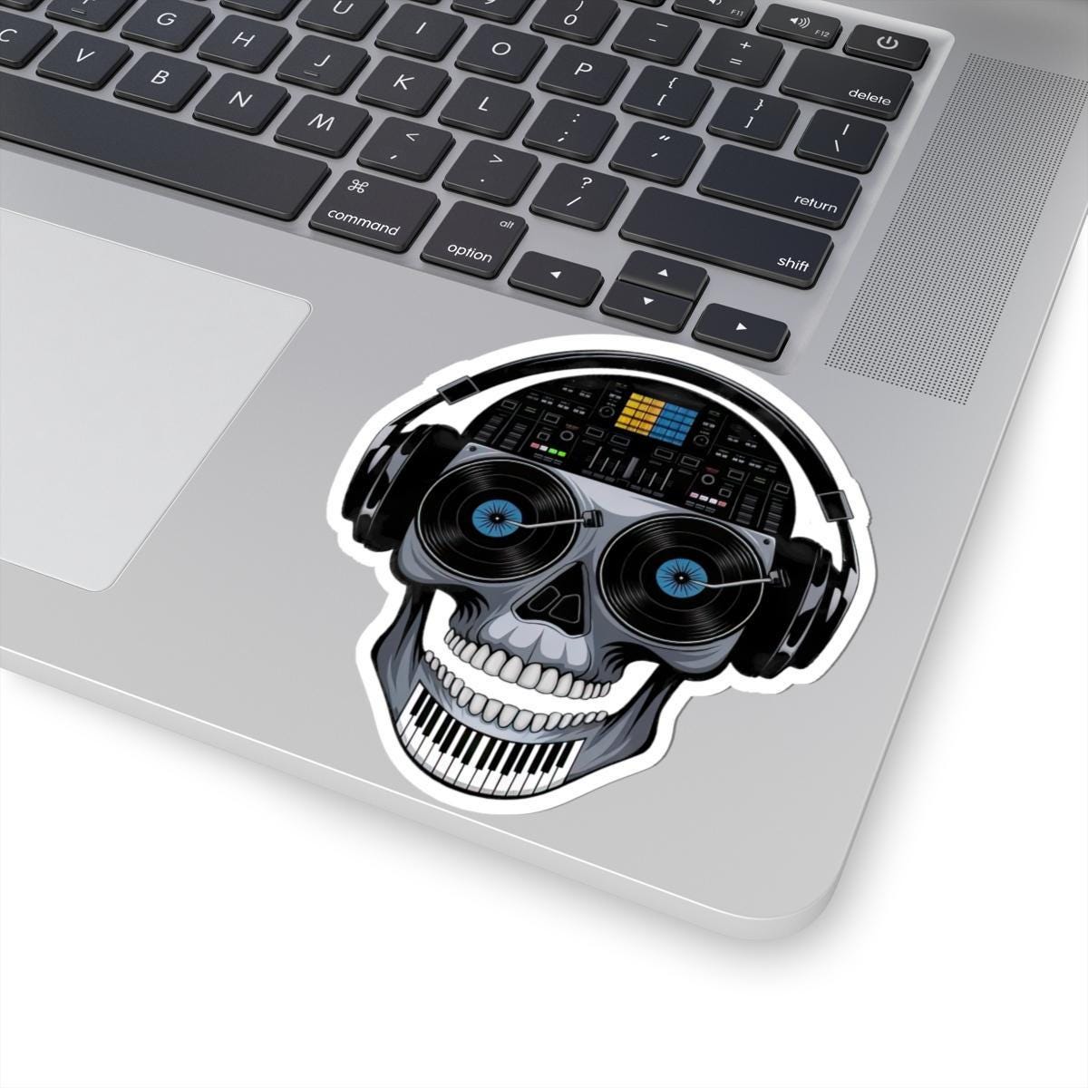 DJ Skull Vinyl Sticker: EDM Mixer, Piano Teeth, Turntable Art