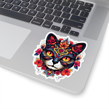 Floral Sugar Skull Cat Sticker: Día de los Muertos Calavera Vinyl Decal