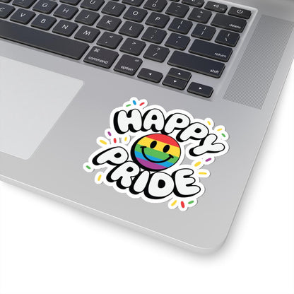 Happy Pride Smiley Sticker: Rainbow LGBTQ Vinyl Confetti Decor